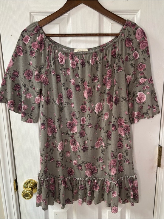 easel Tops - easel Sage Floral Off-Shoulder Tunic with Pink Roses